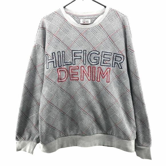 Tommy Hilfiger Mens Size Large Spell Out Sweatshirt Gray Red Pullover Plaid - Picture 1 of 5